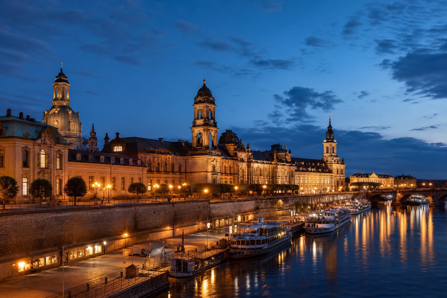 Historic city waterfront at blue hour